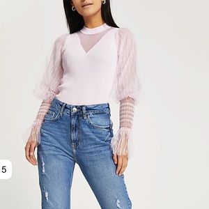 PETITE PINK METALLIC MESH RUFFLE TOP ( River Island)